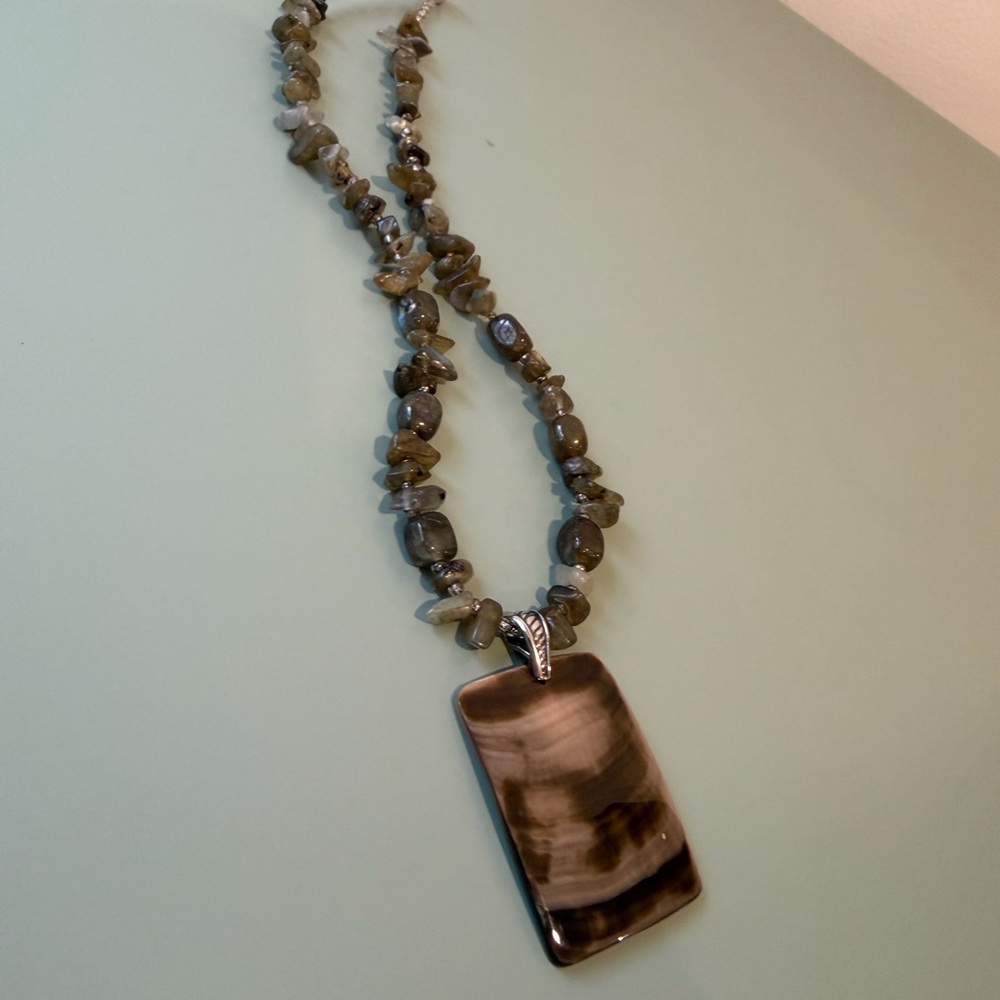 Handmade Labradorite & Shell Statement Necklace | Sterling Silver Clasp and Bale